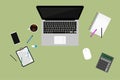 Freelancer workspace, workspace top view. Home and home office concept. The concept of freelance jobs and vacancies. Laptop,