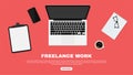 Freelancer workspace, workspace in top view. Working at home and home office concept. Freelance jobs and vacancies concept. Laptop