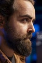 Freelancing software developer securing company servers , close up on face