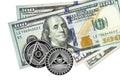 Freemason symbol coin on hundred dollar bills