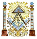 Watercolor illustration with freemason and mysterious symbols isolated on white Royalty Free Stock Photo