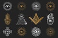 Freemasonry symbols set in vector, drawn sketches Royalty Free Stock Photo