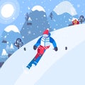 Freeride skiing race on snowy winter mountain. Slalom downhill skier riding. Extreme moving of young man in the