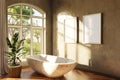 freestanding bath in lightflooded cozy country house bathroom minimalistic interior design with sheld and canvas relaxation and