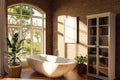 freestanding bath in lightflooded cozy country house bathroom minimalistic interior design with sheld and canvas relaxation and