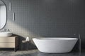 Freestanding bath with mirror in gray modern bathroom Royalty Free Stock Photo