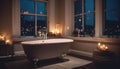 Freestanding bathtub in the bathroom full of candles.