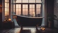 Freestanding bathtub in the bathroom full of candles.