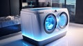 Freestanding washer-dryer, futuristic concept for exhibitions and shows. Digital control