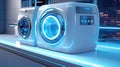 Freestanding washer-dryer, futuristic concept for exhibitions and shows. Digital control