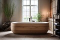 a freestanding wooden bath in a minimalist, modern bathroom Royalty Free Stock Photo