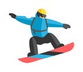 Freestyle snowboarder jumping from top of peak mountain covered clouds vector.