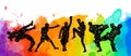 Freestyle wrestling, boxing, kickboxing, muay thai, karate, taekwondo, mixed martial arts vector colorful people silhouettes.