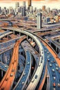 freeway maze painted in graphic poster style illustration