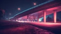 Freeway in night with cars light in crossroads. Generative AI Royalty Free Stock Photo