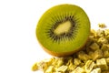 Freeze dried anf fresh kiwi on a white background. Royalty Free Stock Photo