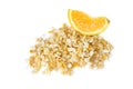 Freeze dried and fresh orange on a white background. Royalty Free Stock Photo