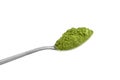 Freeze dried wheat or barley grass powder in steel teaspoon isolated on white