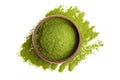 Freeze dried young organic wheatgrass powder in wooden bowl isolated on white