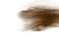 Freeze motion of brown dust explosion. Stopping the movement of brown powder. Explosive brown powder on white background