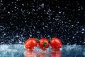 freeze motion of cherry tomatoes in water splash on black background Royalty Free Stock Photo