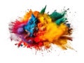 Freeze motion of colored powder explodes on white background.