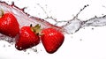 Freeze motion of fresh and delicious strawberries falling with water splash, close up shot isolated on white background. Royalty Free Stock Photo