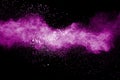 Freeze motion of purple dust splattered on dark background. Royalty Free Stock Photo
