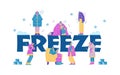 Freeze typographic header, people freezing - flat vector illustration isolated on white background.