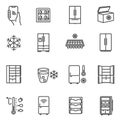 Freezer, cooler, fridge thin line icons set isolated on white. Icebox, cold-storage, reefer pictograms. Royalty Free Stock Photo