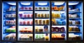 Freezer with huge glass doors and a variety of packaging of various prepared foods - AI generated image