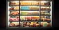 Freezer with huge glass doors and a variety of packaging of various prepared foods - AI generated image