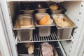 Freezer refrigerator with various frozen foods billet storage restaurant.