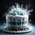 Freezing birthday cake, indicating age stopped in time, cold frozen and covered with ice