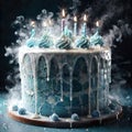 Freezing birthday cake, indicating age stopped in time, cold frozen and covered with ice