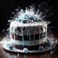 Freezing birthday cake, indicating age stopped in time, cold frozen and covered with ice