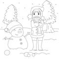 Freezing Boy on Winter Cold, Outline Cartoon Vector