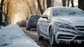 freezing car covered with frost, winter bad weather generative ai