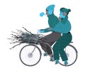Freezing from Cold Man and Woman Character Riding Bicycle with Brushwoods Vector Illustration Royalty Free Stock Photo