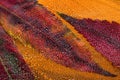 Freezing drops of water are located on colorful fallen leaves against the orange background.