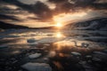 freezing fiord with dramatic sky, showing the setting sun and reflected on the water