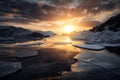 freezing fiord with dramatic sky, showing the setting sun and reflected on the water