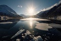 freezing fiord with glistening water, reflecting the sunlight