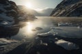 freezing fiord with glistening water, reflecting the sunlight