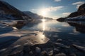 freezing fiord with glistening water, reflecting the sunlight