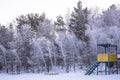 Freezing forest on snowy slope with playground in foreground under winter sky Royalty Free Stock Photo