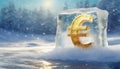 Freezing golden Euro sign in a block of ice - frozen interest rate