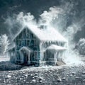 Freezing house, home building, cold frozen and covered with ice