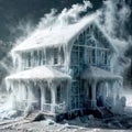 Freezing house, home building, cold frozen and covered with ice