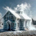 Freezing house, home building, cold frozen and covered with ice